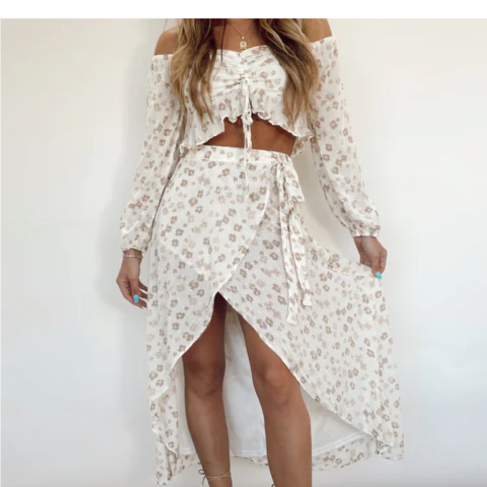 Two piece off the shoulder top + matching maxi wrap skirt